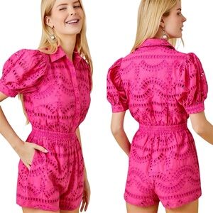 Mainstrip Pink Eyelet Lace Puff Sleeve Romper Cotton Size Large New